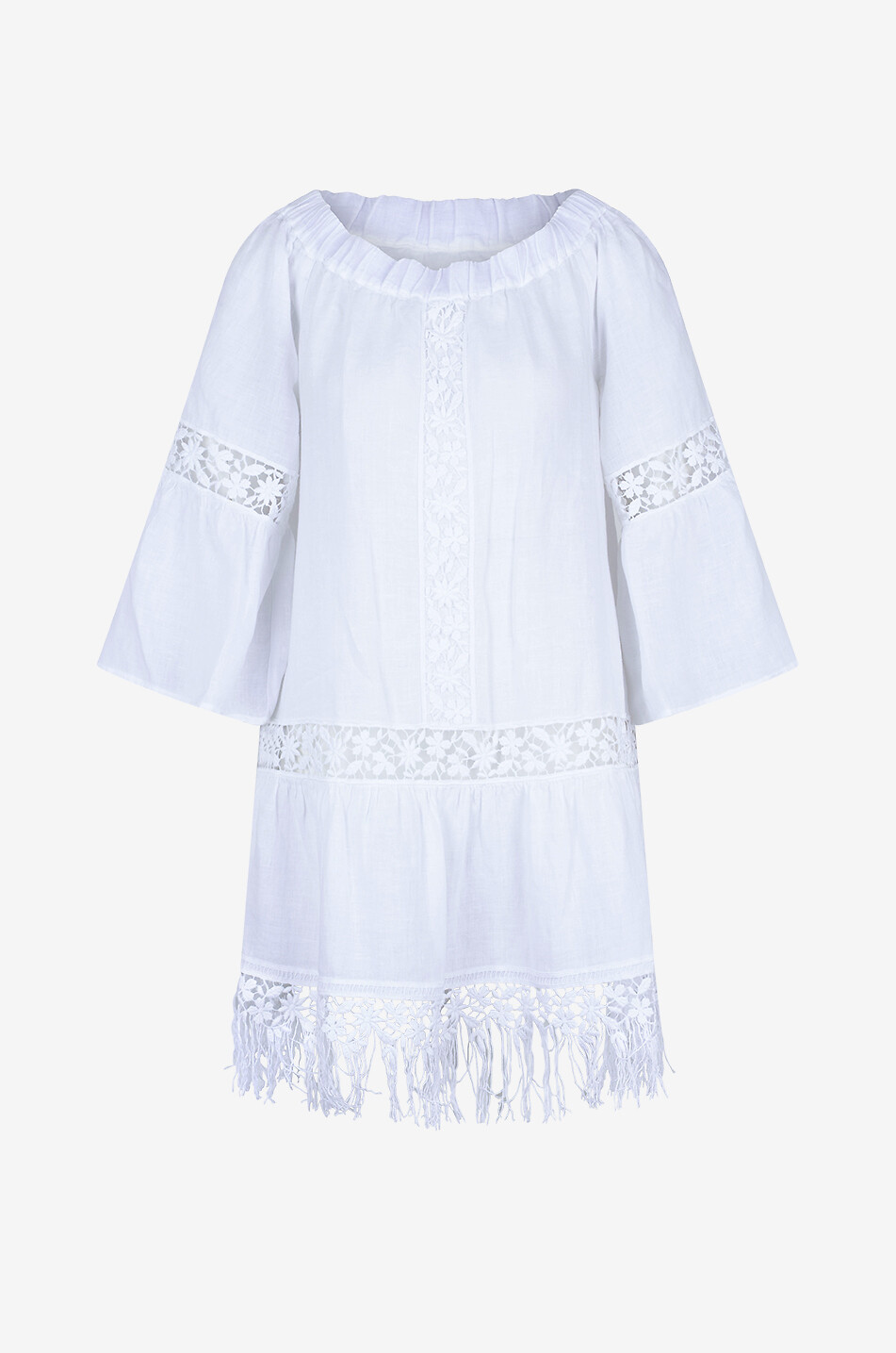 Kurzes Kleid aus Leinen und Spitze mit Fransen