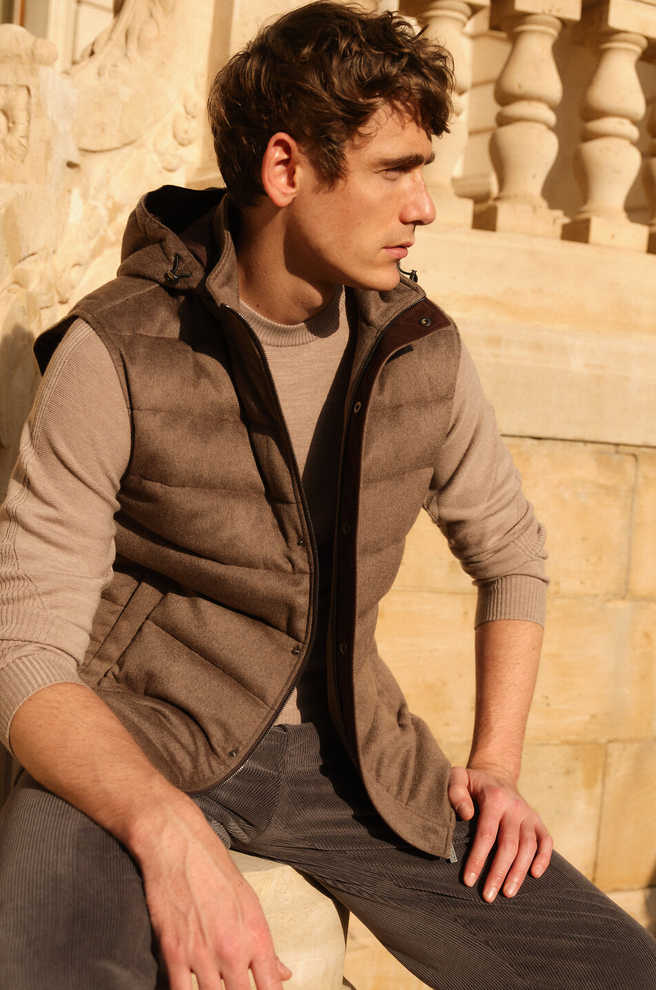 MAURIZIO BALDASSARI Cashmere hooded sleeveless down jacket Men BROWN 3