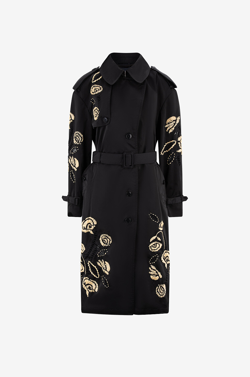 Satin-Trenchcoat mit Baststickereien und Laserausschnitten