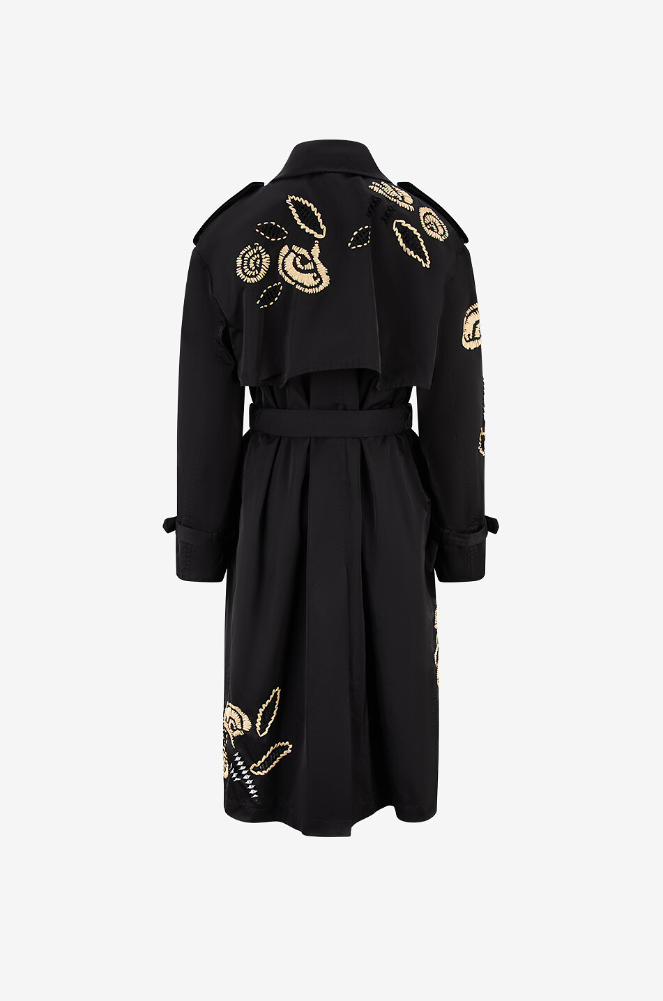 Satin-Trenchcoat mit Baststickereien und Laserausschnitten
