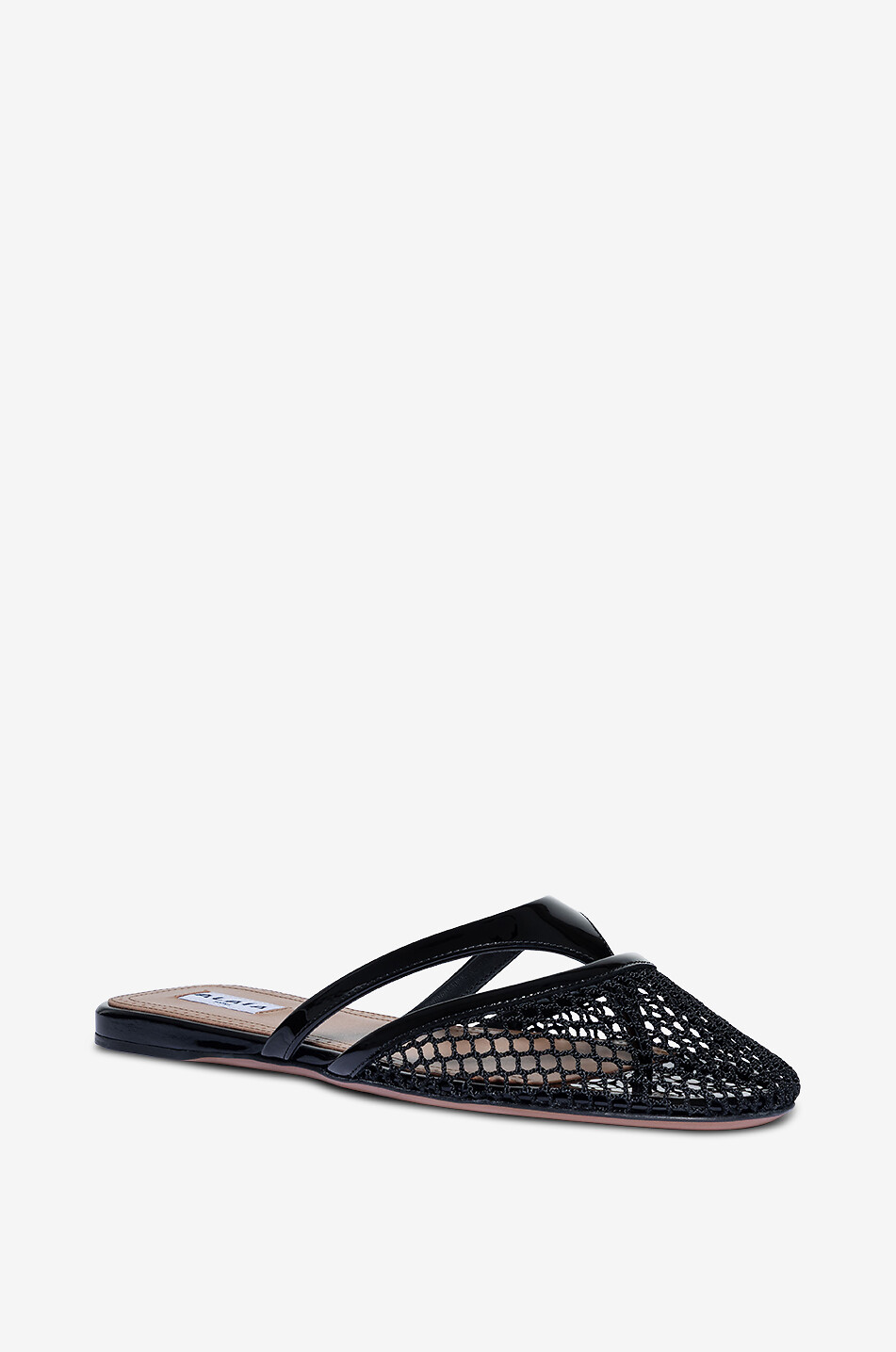 Flache Pantoletten aus Lackleder und Netz Infradito