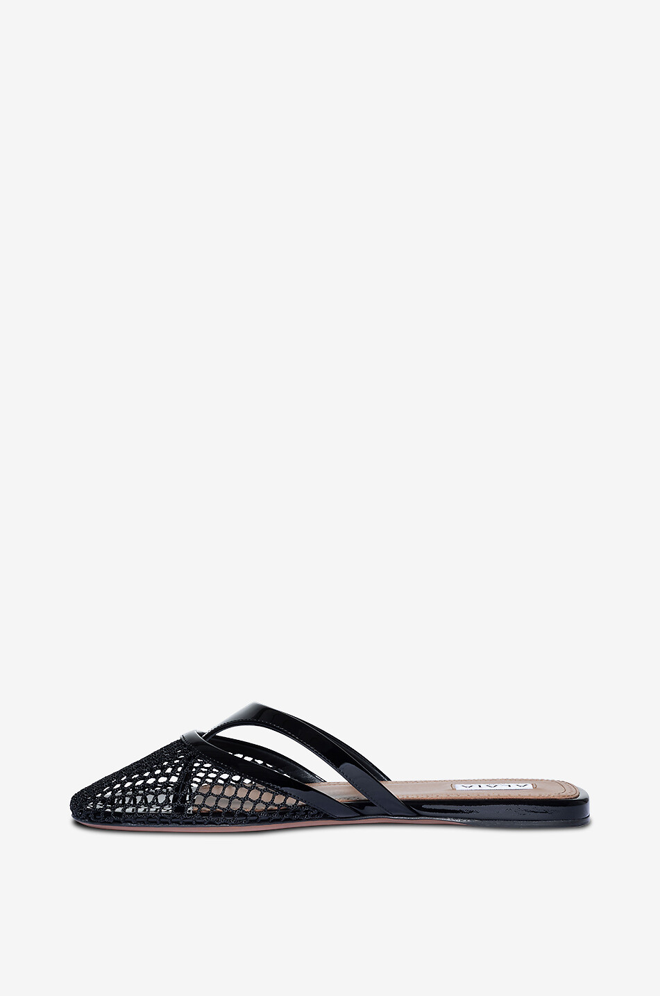 ALAÏA Flache Pantoletten aus Lackleder und Netz Infradito Damen SCHWARZ 3