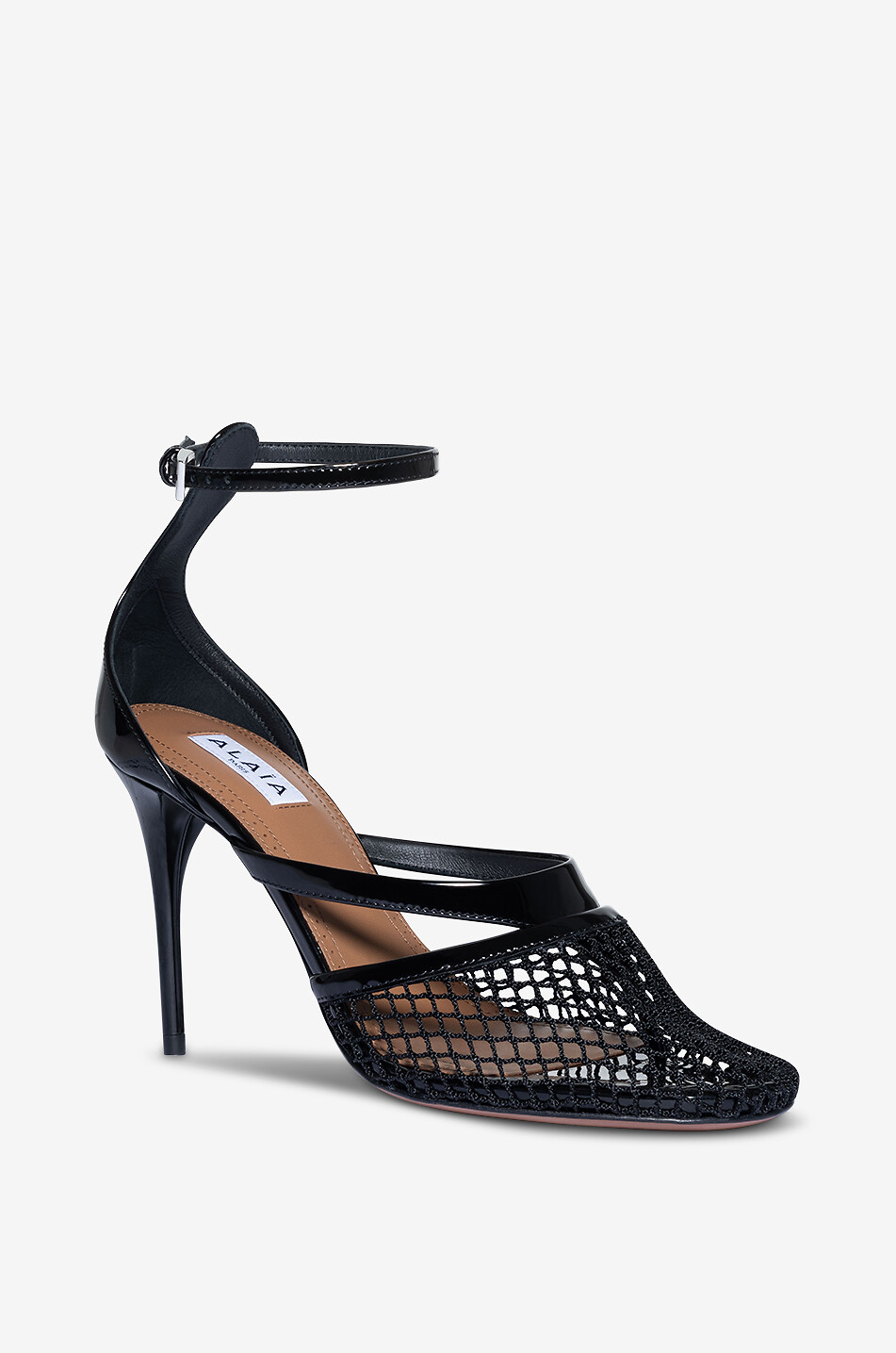 ALAÏA Infradito 90 patent leather and net heeled sandals Women BLACK 1