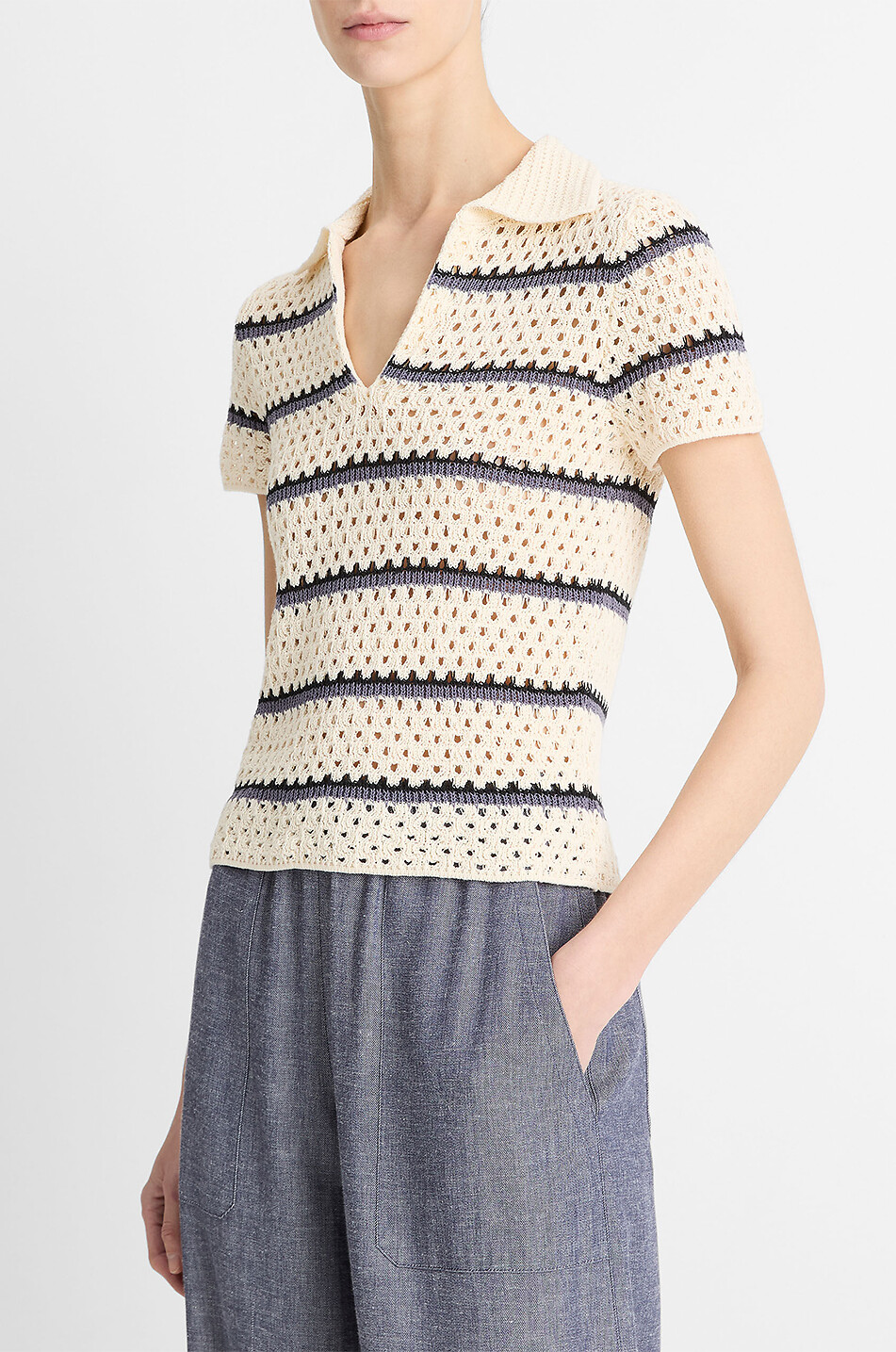 VINCE Short-sleeved striped macrame polo shirt Women BEIGE 3