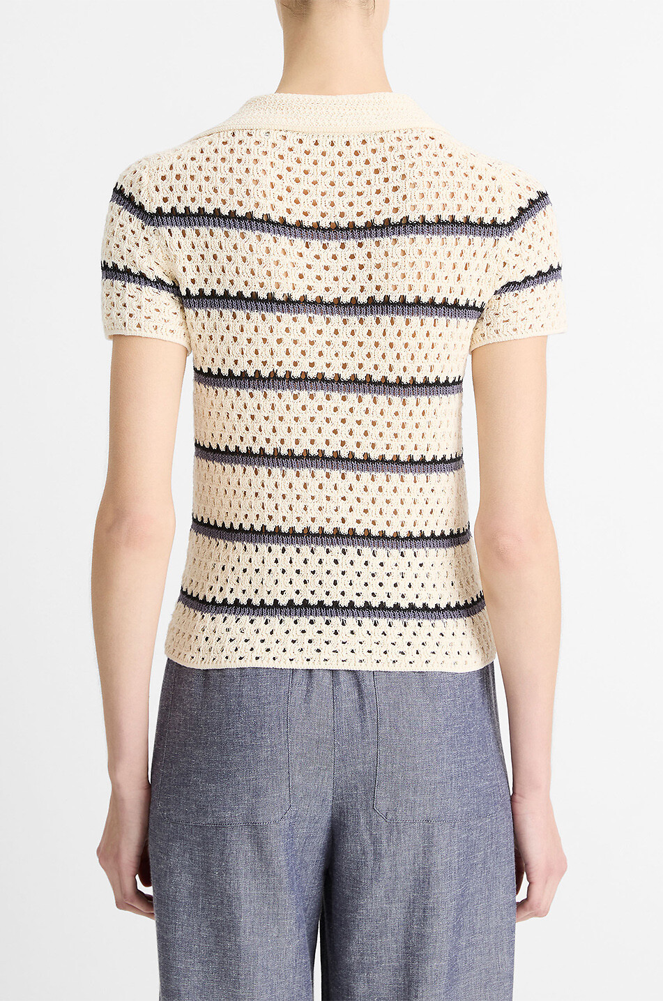 VINCE Short-sleeved striped macrame polo shirt Women BEIGE 4