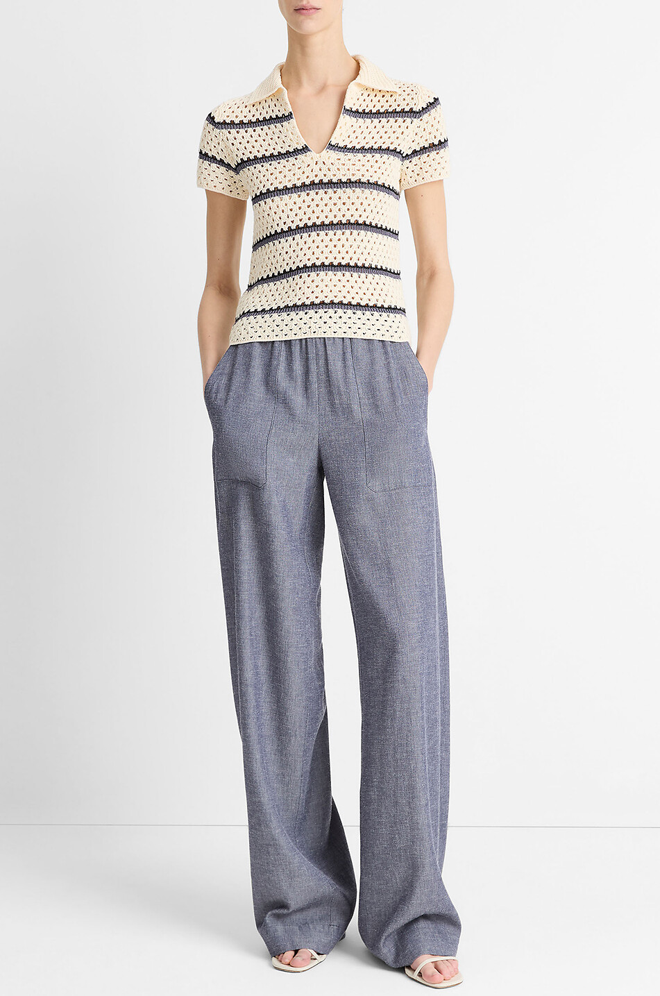 VINCE Short-sleeved striped macrame polo shirt Women BEIGE 5