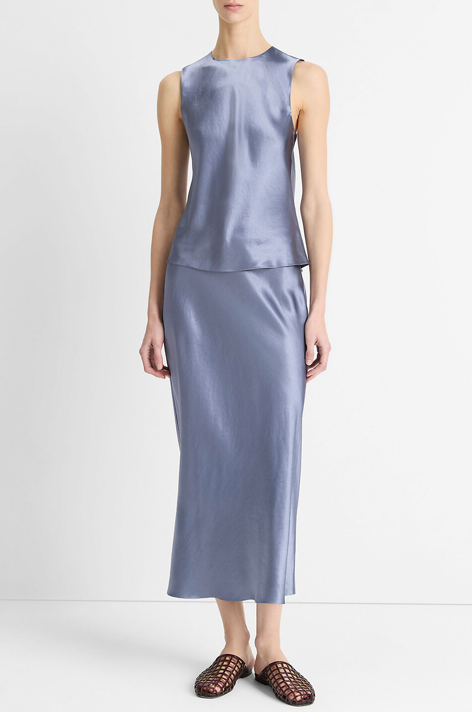 VINCE Top sans manches en satin Naia Shell Femme BLEU CLAIR 5