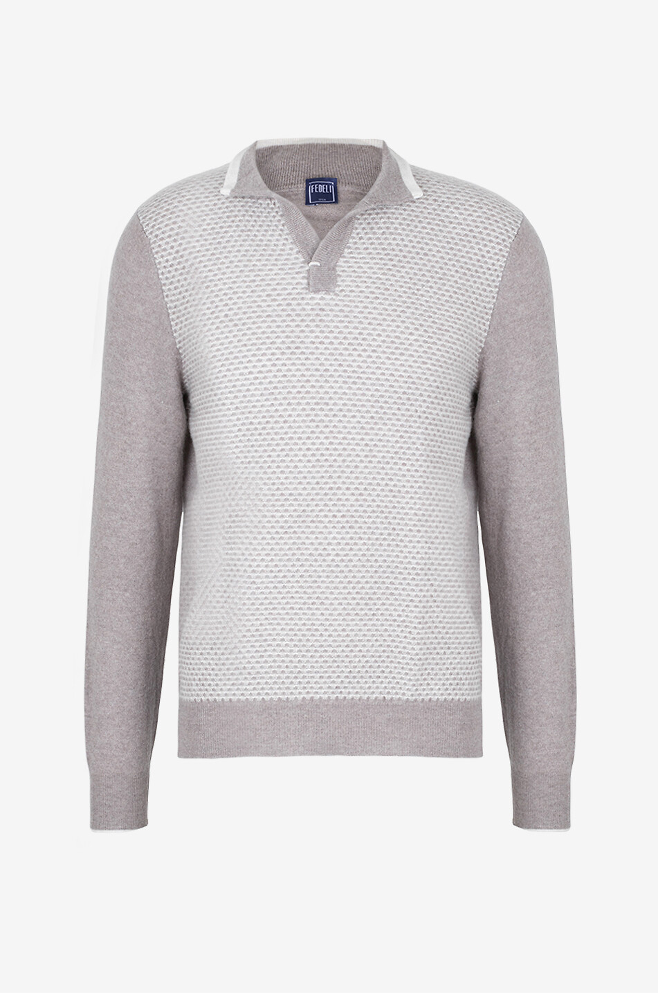 Kaschmir- und Leinenjacquardpullover mit geschlitztem Stehkragen Buk