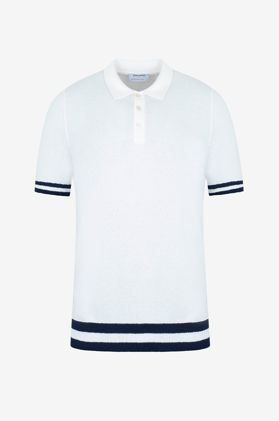 Stripe-adorned short-sleeved knit polo shirt