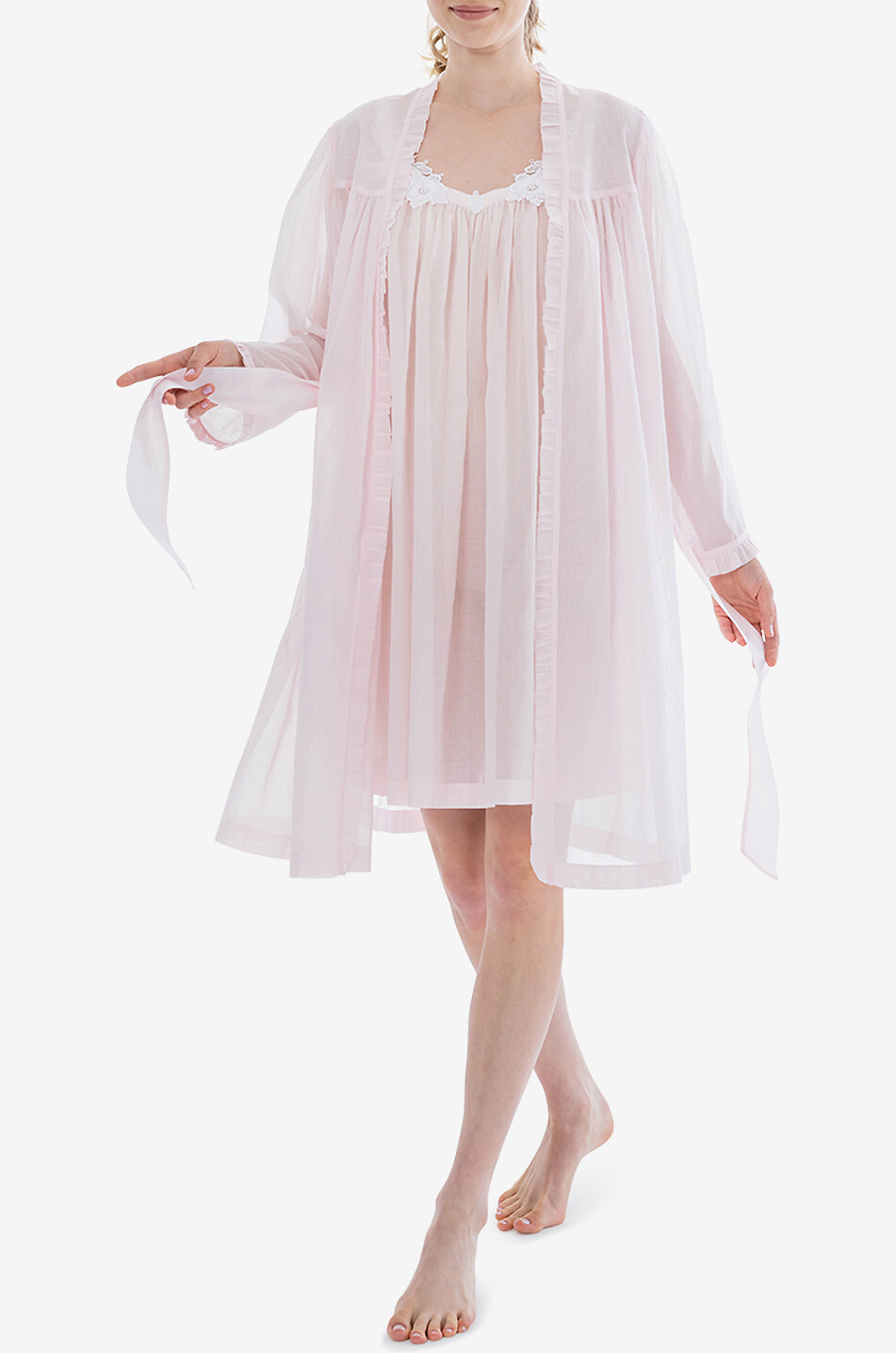 CELESTINE Celeste-1 cotton voile dressing gown with ruffles Women LIGHT PINK 5