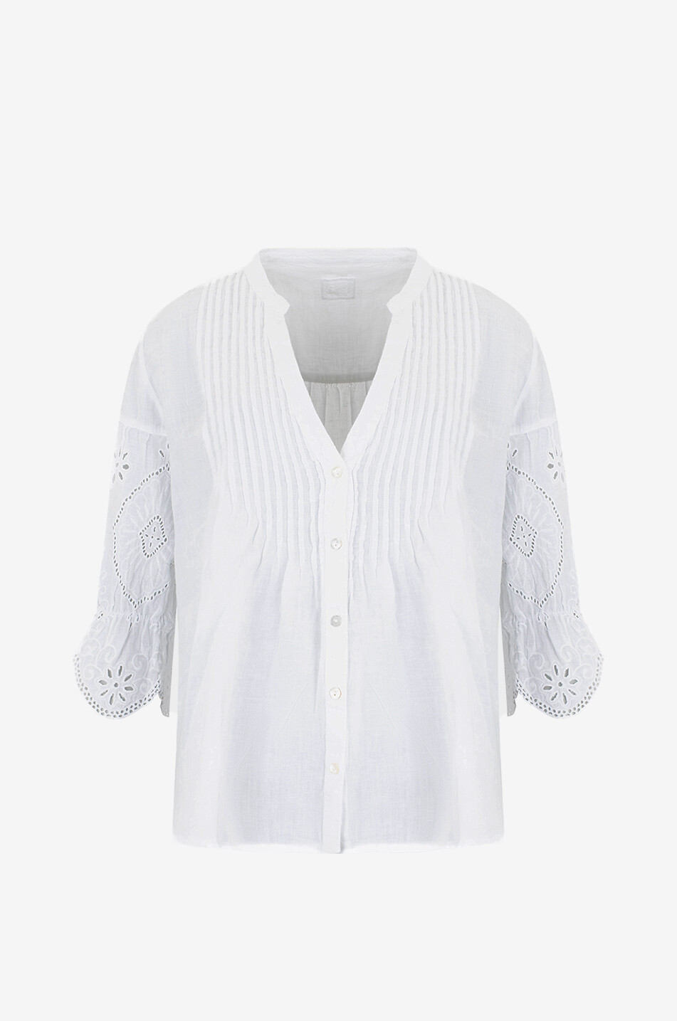 Leinenbluse mit Biesen und Lochstickereien
