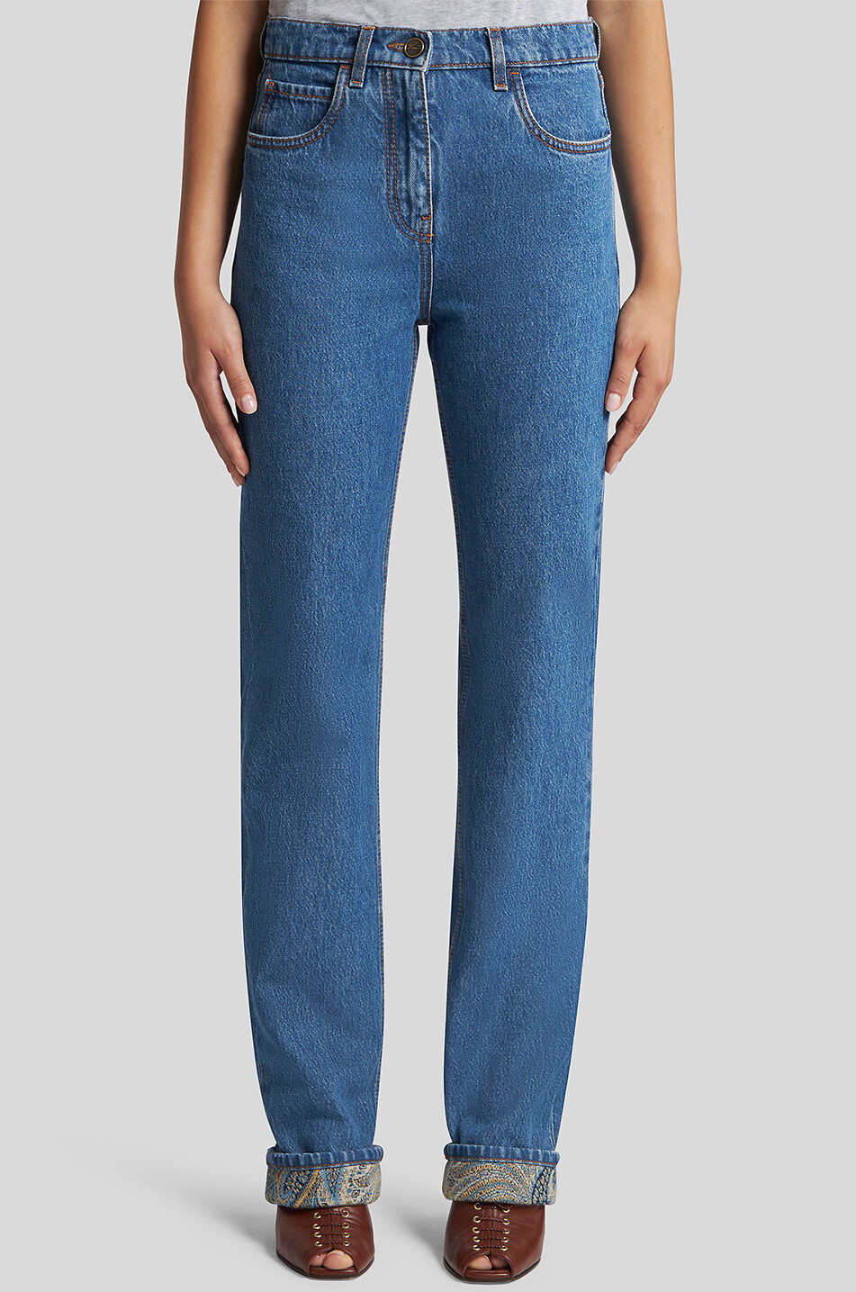 ETRO Gerade Jeans mit hoher Taille und Paisley-Jacquard-Umschlag Damen BLAU 3