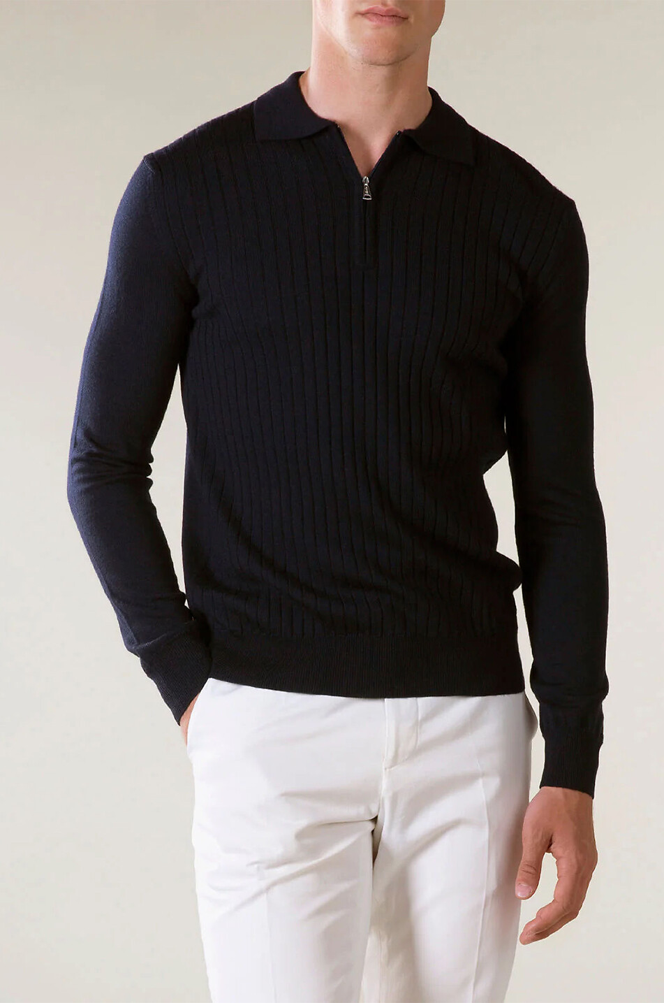 AURELIEN Merino wool long-sleeved polo shirt Men DARK BLUE 3