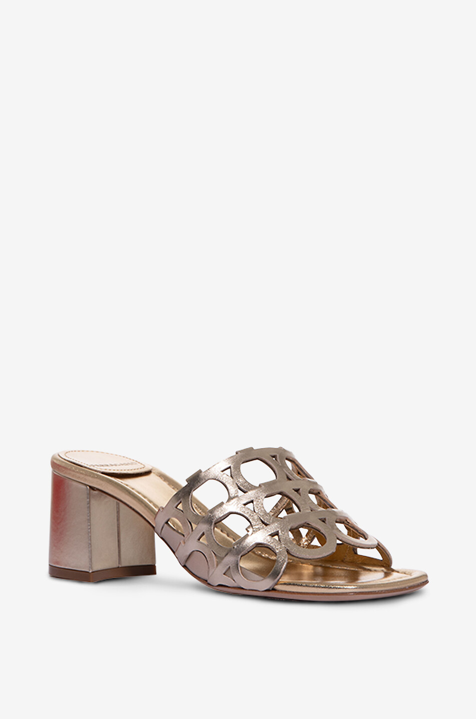 SALVATORE FERRAGAMO Mules en cuir métallisé à talon carré Gancini 60 Femme BEIGE 1