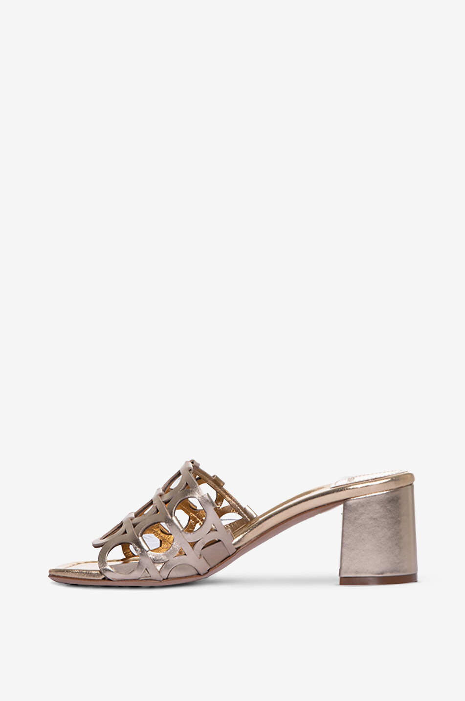 SALVATORE FERRAGAMO Mules en cuir métallisé à talon carré Gancini 60 Femme BEIGE 3