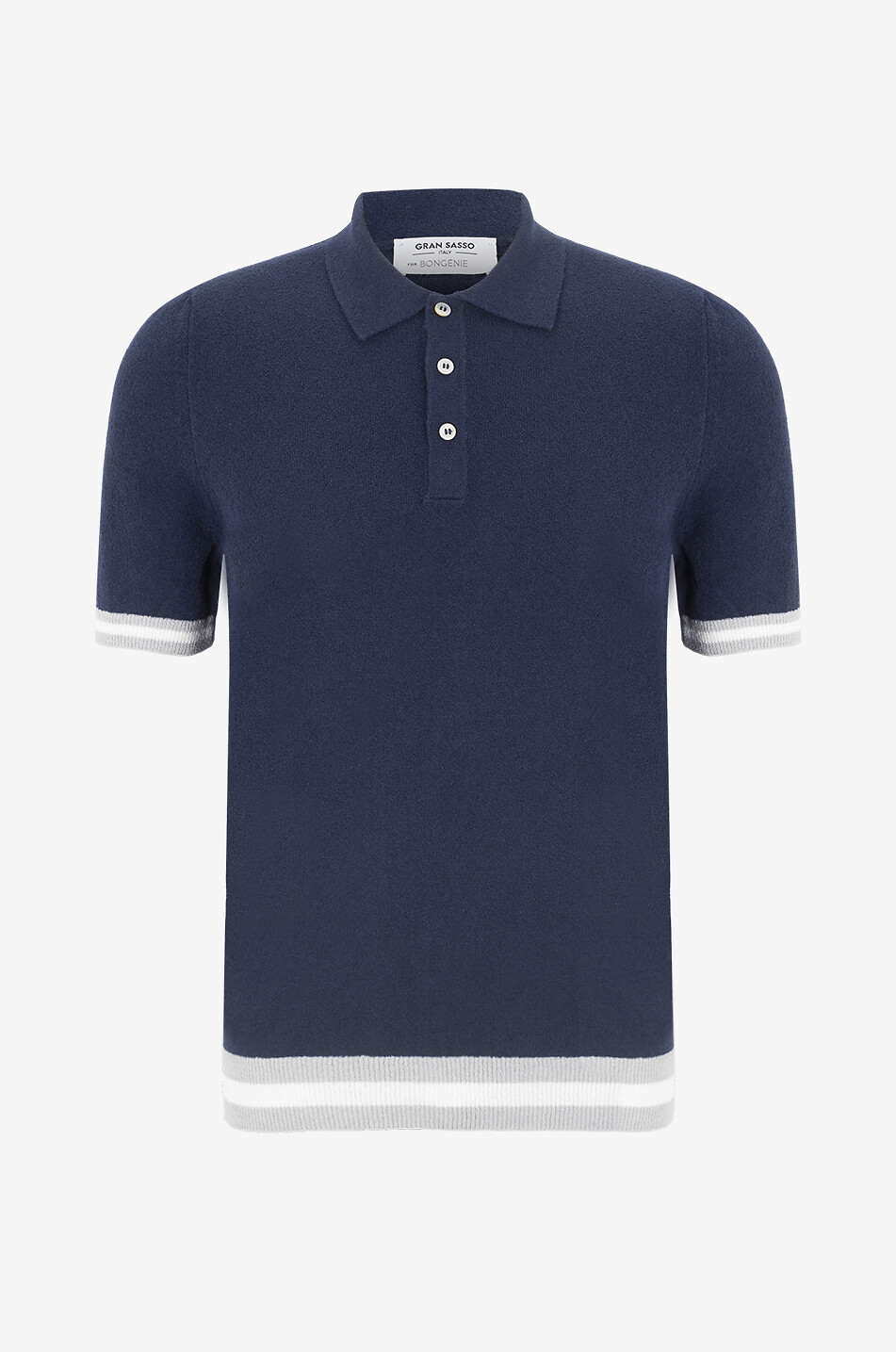 Stripe-adorned short-sleeved knit polo shirt