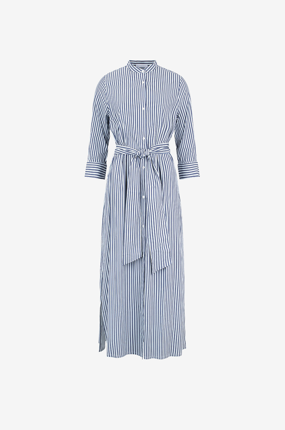 Belted striped fluid midi shirt dress