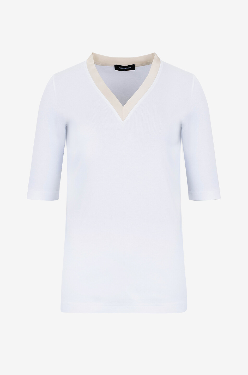 FABIANA FILIPPI Geripptes Jersey-T-Shirt mi Satin-V-Ausschnitt Damen WEISS 1