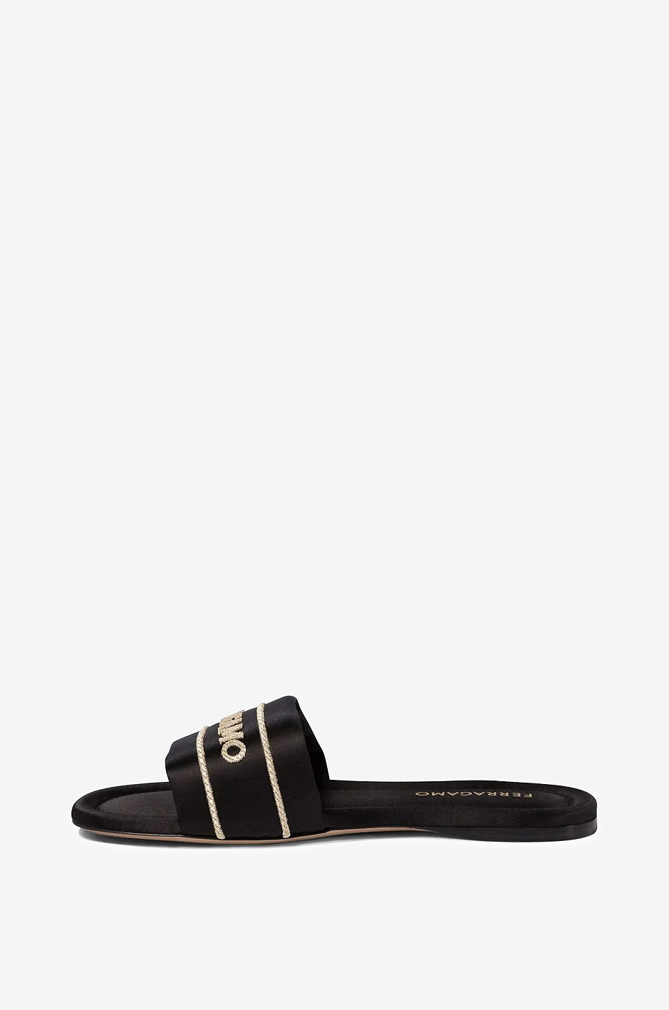 Mules plates en satin et cuir brodées logo
