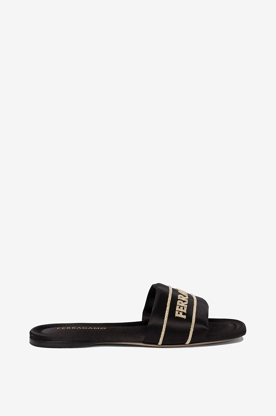 Mules plates en satin et cuir brodées logo