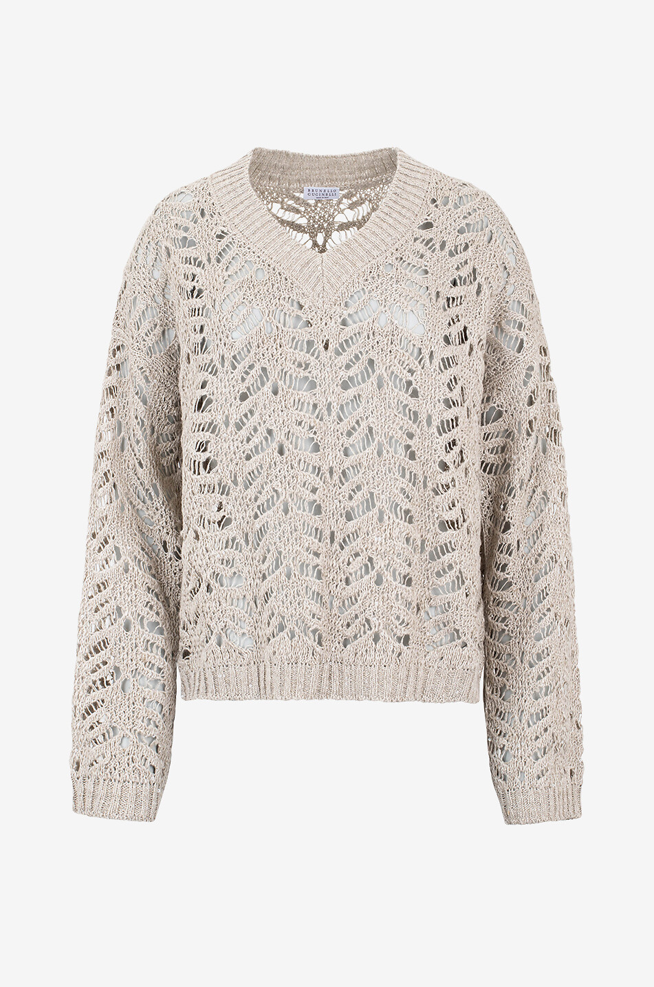 BRUNELLO CUCINELLI Weiter Leinen- und Seidenpullover Diamanté Foliage Lace Damen BEIGE 1
