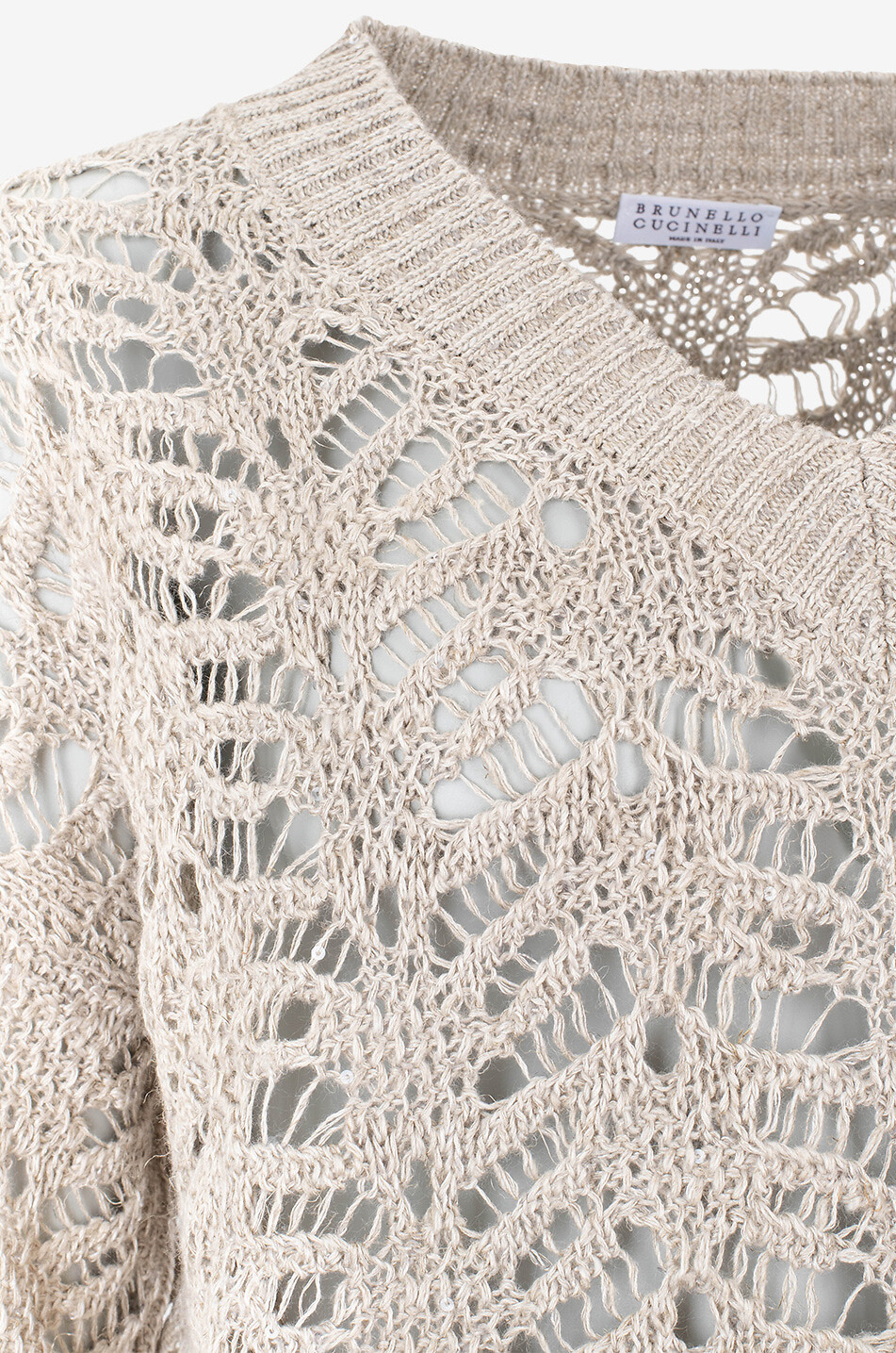 BRUNELLO CUCINELLI Weiter Leinen- und Seidenpullover Diamanté Foliage Lace Damen BEIGE 3