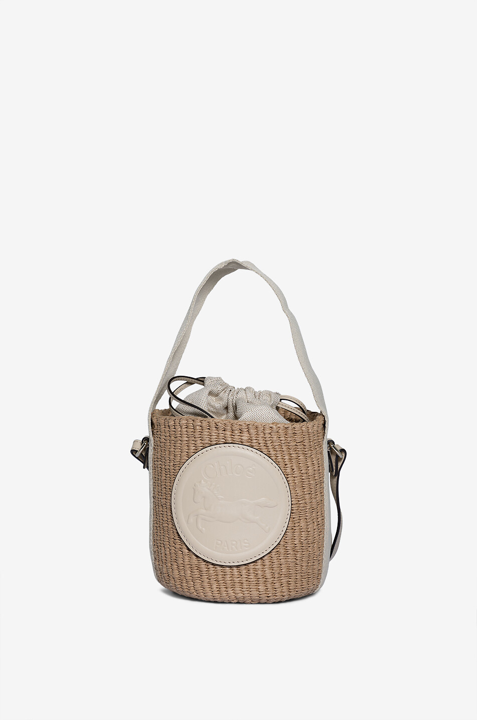 CHLOE Sac seau en raphia et cuir Small Horse Medal Femme BLANC CASSE 1
