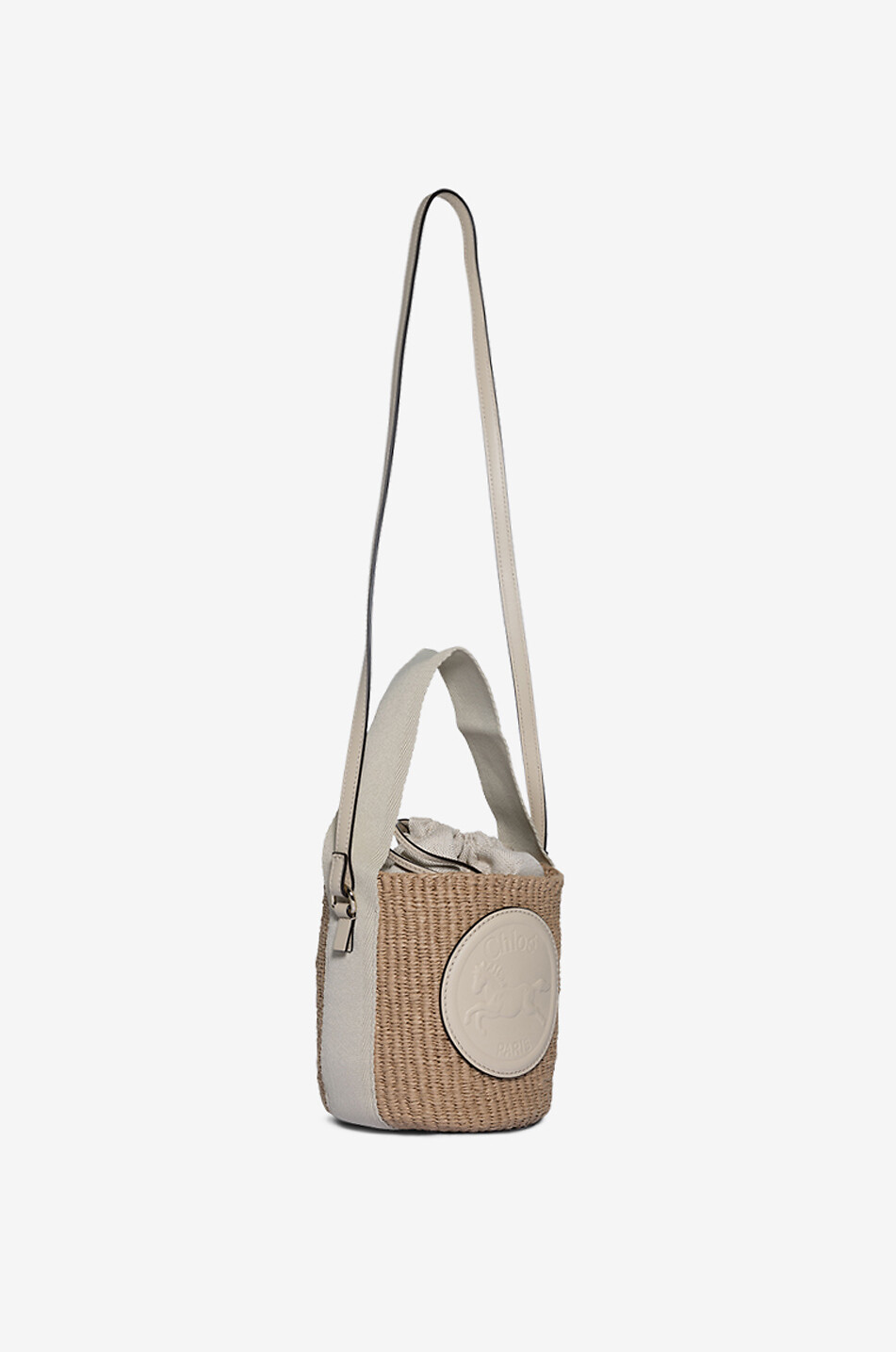 CHLOE Sac seau en raphia et cuir Small Horse Medal Femme BLANC CASSE 2
