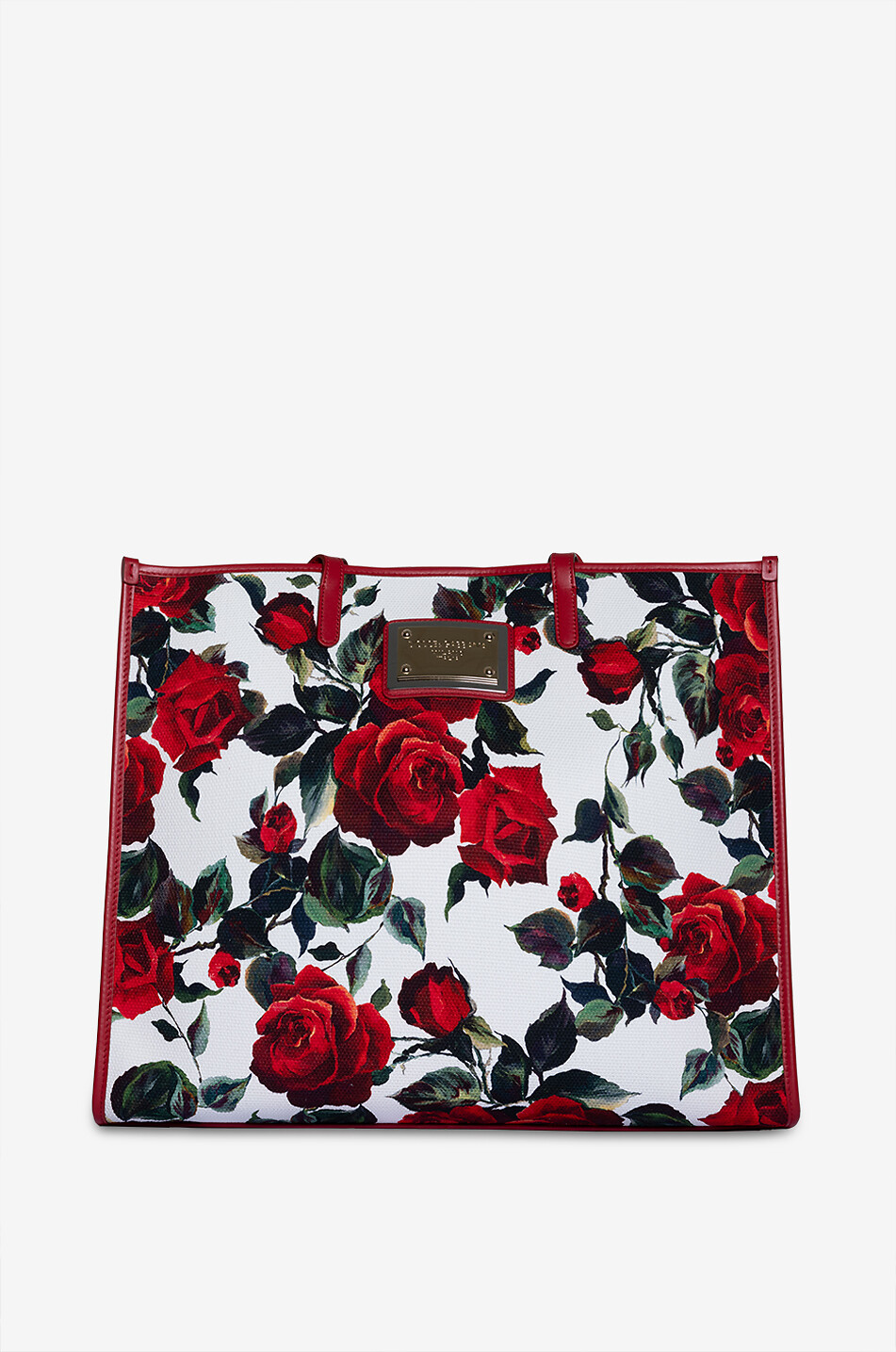 Large rose printed canvas and leather tote bag