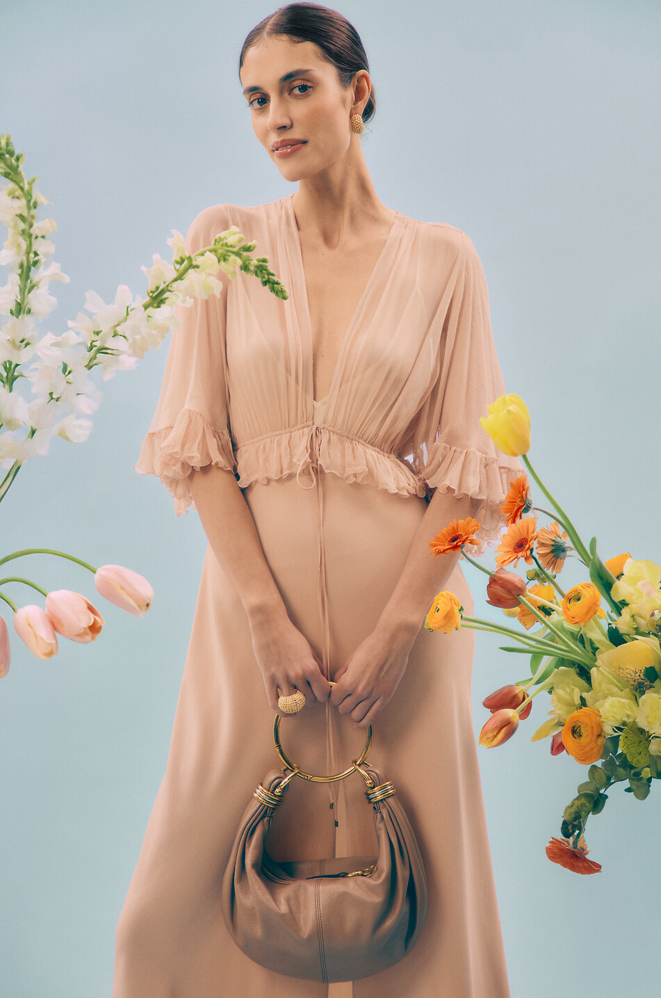 CHLOE Long ruffled chiffon and silk dress Women LIGHT PINK 3