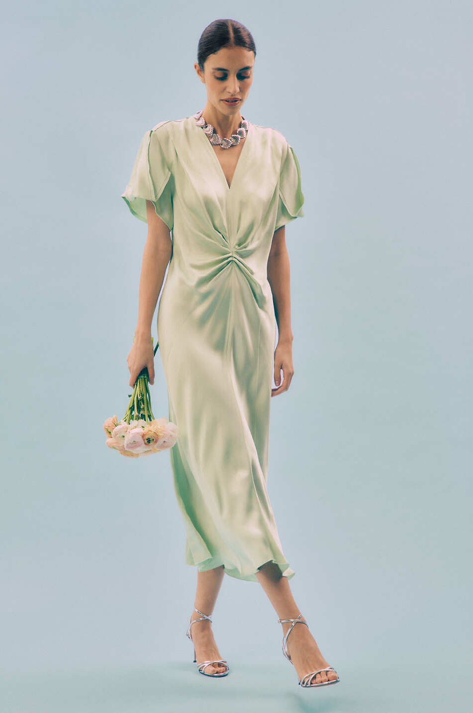 VICTORIA BECKHAM Gathered V-Neck satin midi dress Women LIGHT GREEN 3