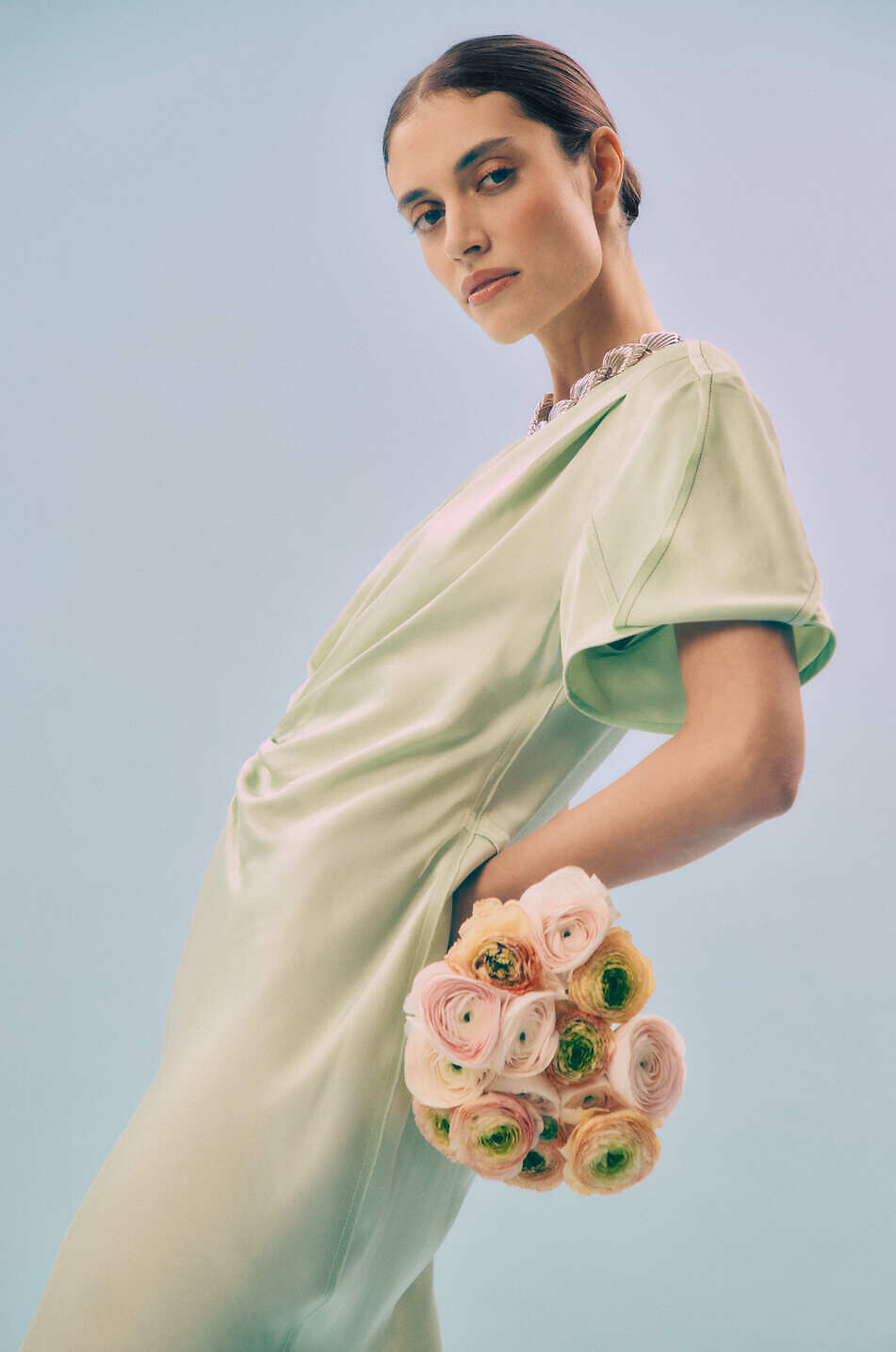 VICTORIA BECKHAM Gathered V-Neck satin midi dress Women LIGHT GREEN 4