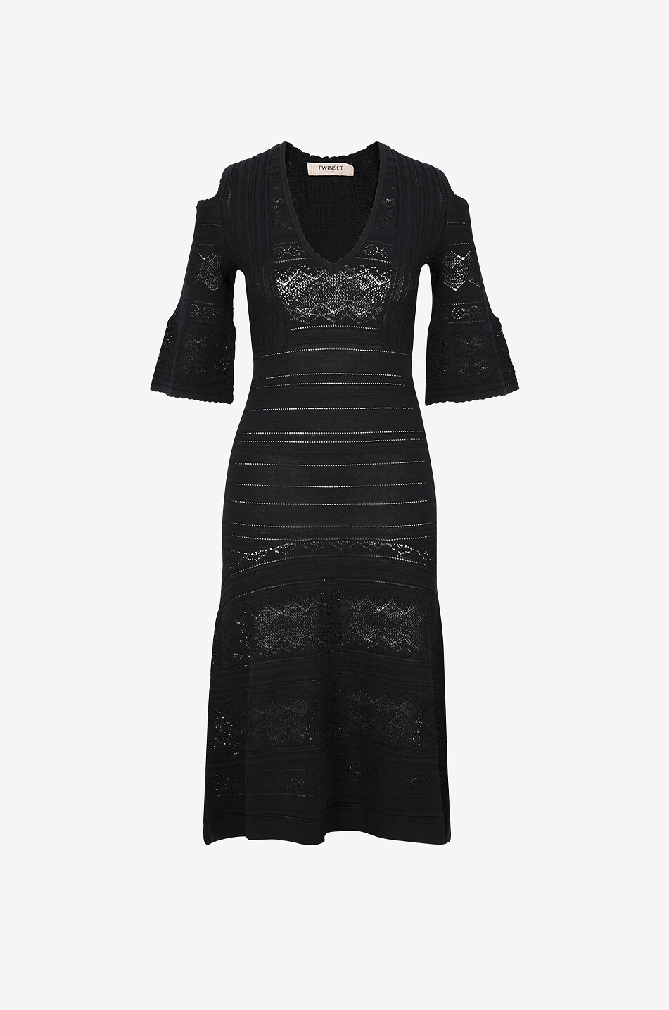 Shoulder-cut-out openwork knit midi dress