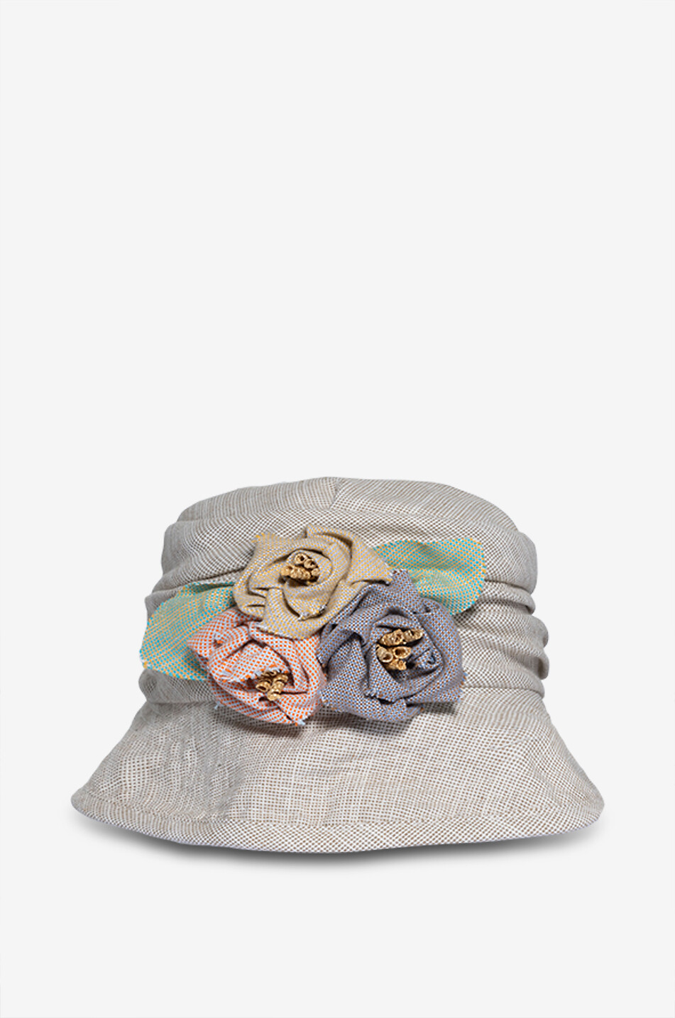 GREVI Cotton and linen cloche hat with floral appliqué Women BEIGE 2