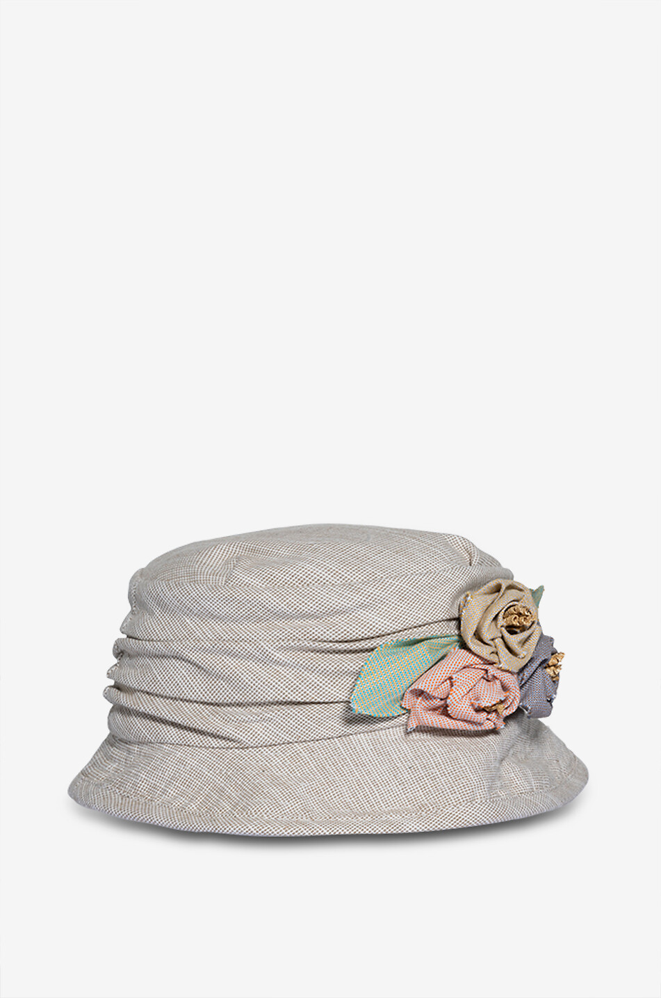 Cotton and linen cloche hat with floral appliqué
