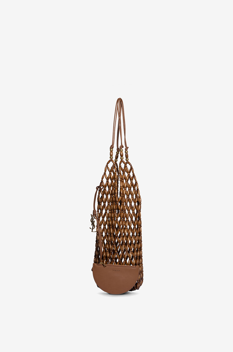 SAINT LAURENT PARIS Sac résille en cuir et bois Bucket Femme MARRON CLAIR 5