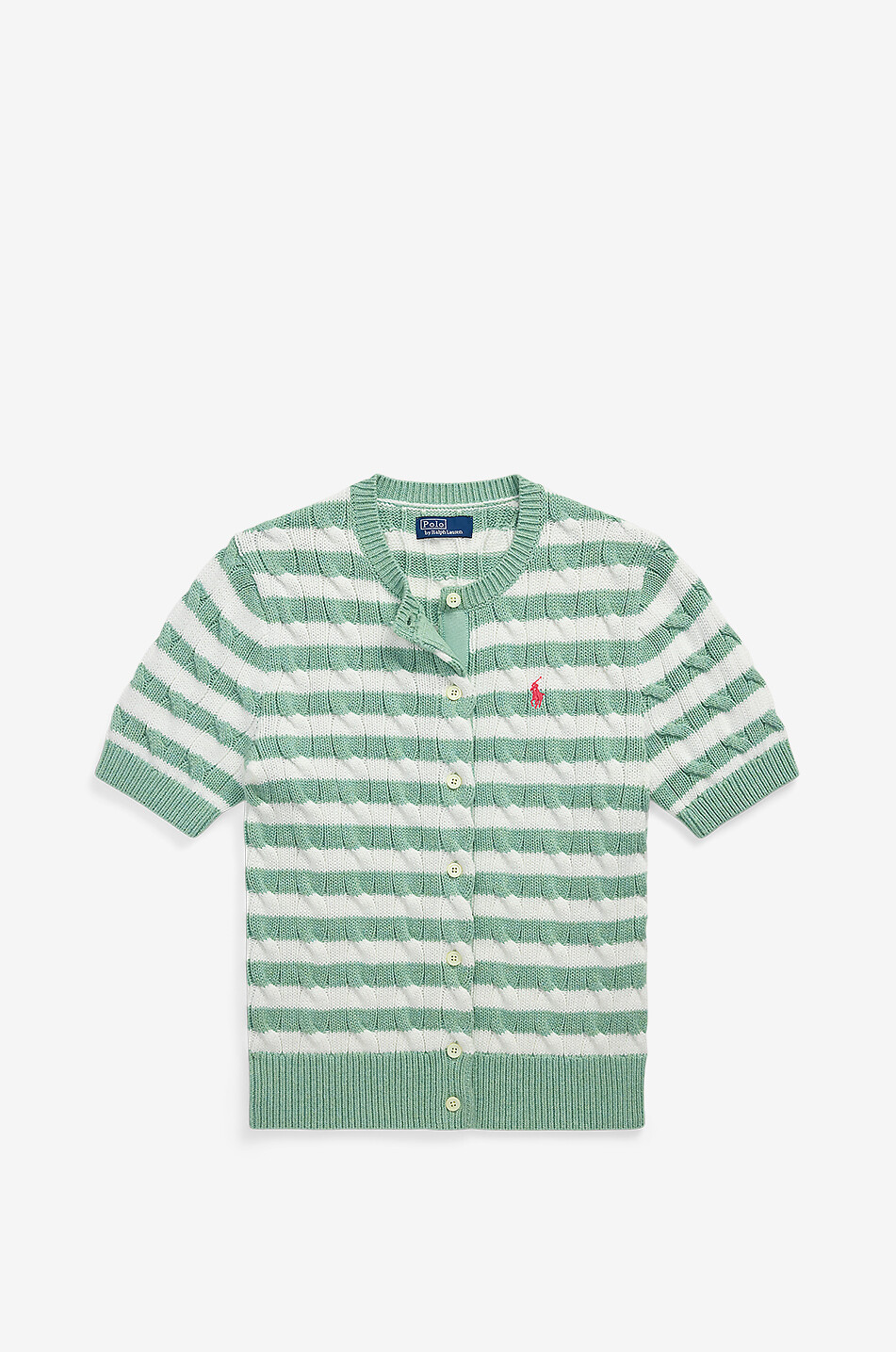 POLO RALPH LAUREN Gestreifter Baumwoll-Zopfstrick-Cardigan Pony Damen GRÜN 1