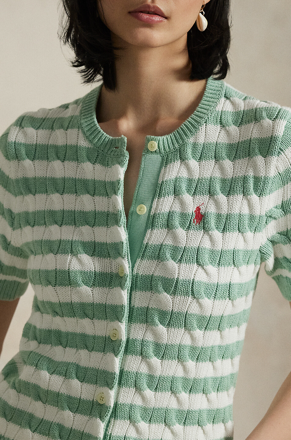 POLO RALPH LAUREN Gestreifter Baumwoll-Zopfstrick-Cardigan Pony Damen GRÜN 5