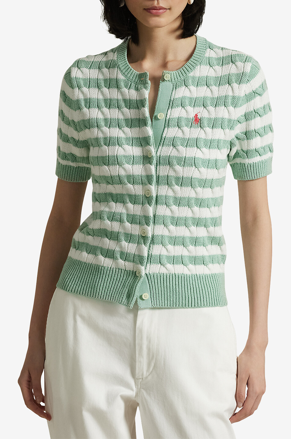 POLO RALPH LAUREN Gestreifter Baumwoll-Zopfstrick-Cardigan Pony Damen GRÜN 2