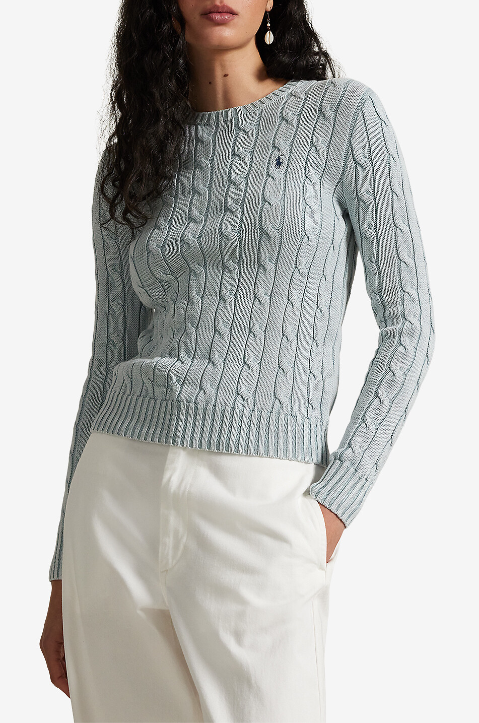 POLO RALPH LAUREN Schmaler ausgewaschen wirkender Baumwoll-Zopfpullover Pony Damen HELLBLAU 2