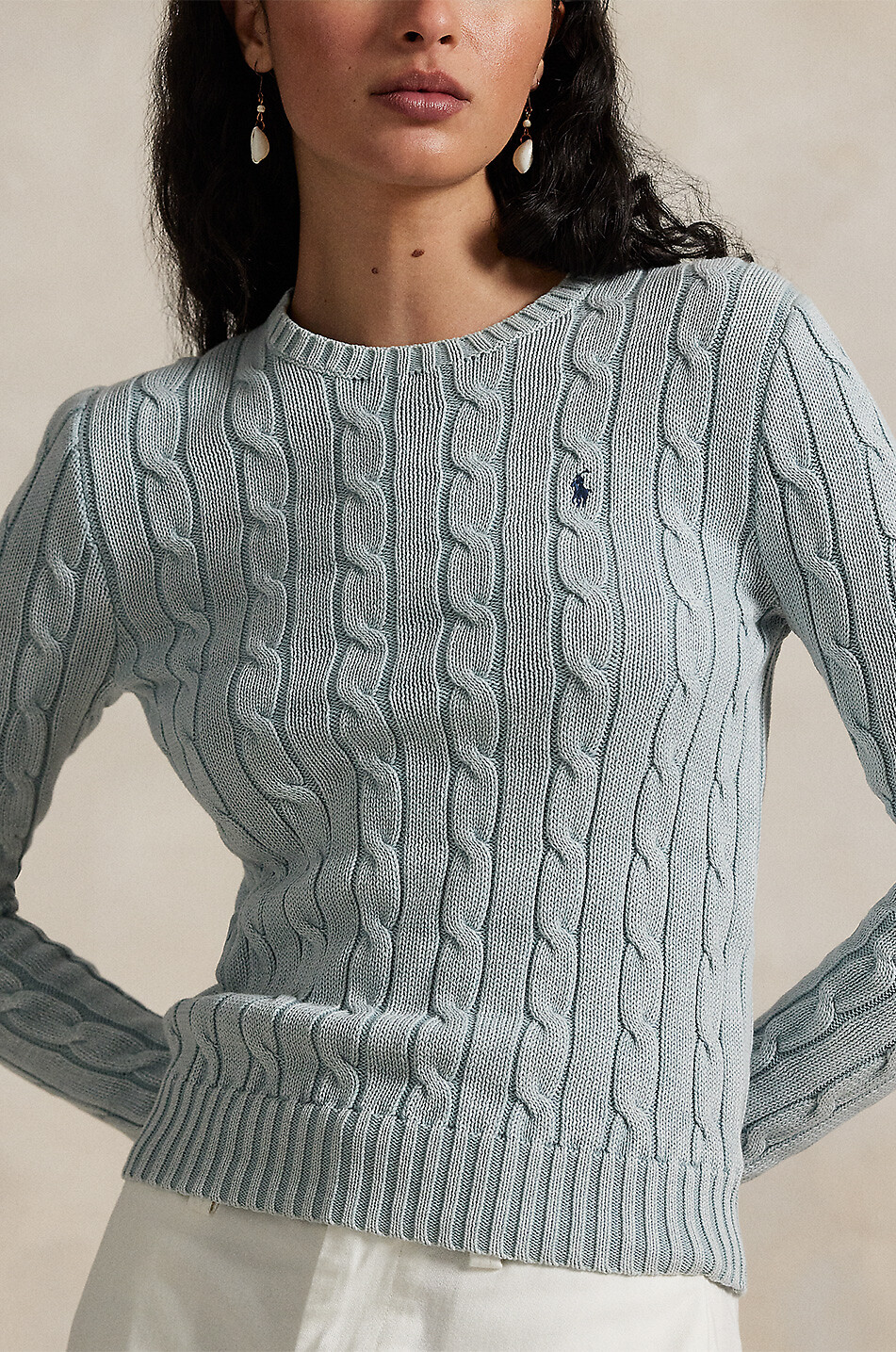 POLO RALPH LAUREN Schmaler ausgewaschen wirkender Baumwoll-Zopfpullover Pony Damen HELLBLAU 5