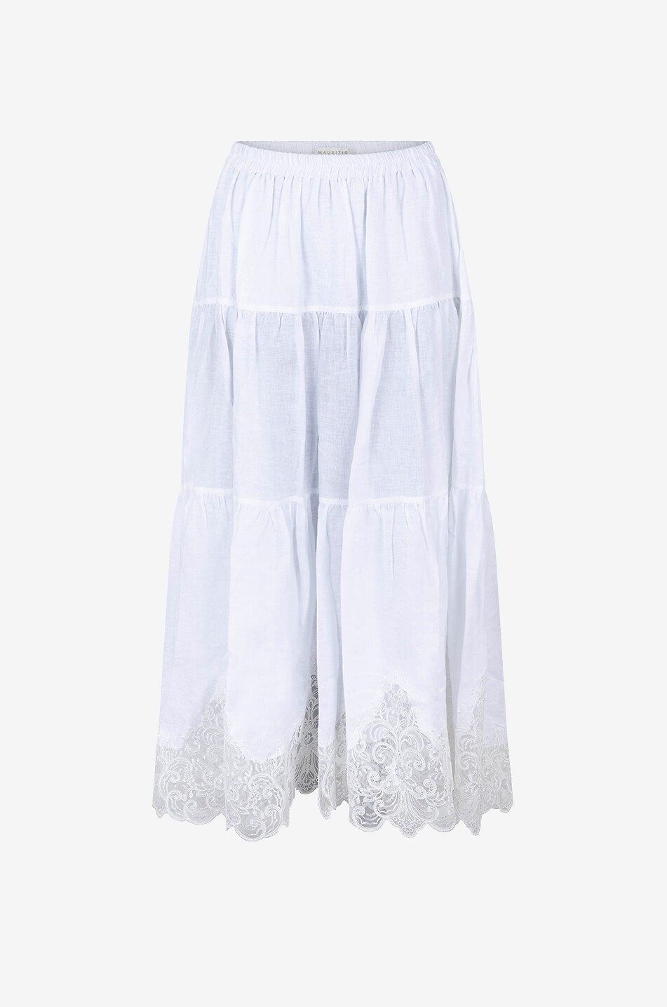 MAURIZIO MYKONOS Lace-adorned maxi tiered-flounced skirt Women WHITE 1