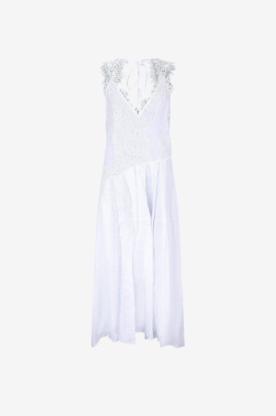 Long linen voile strappy dress with lace