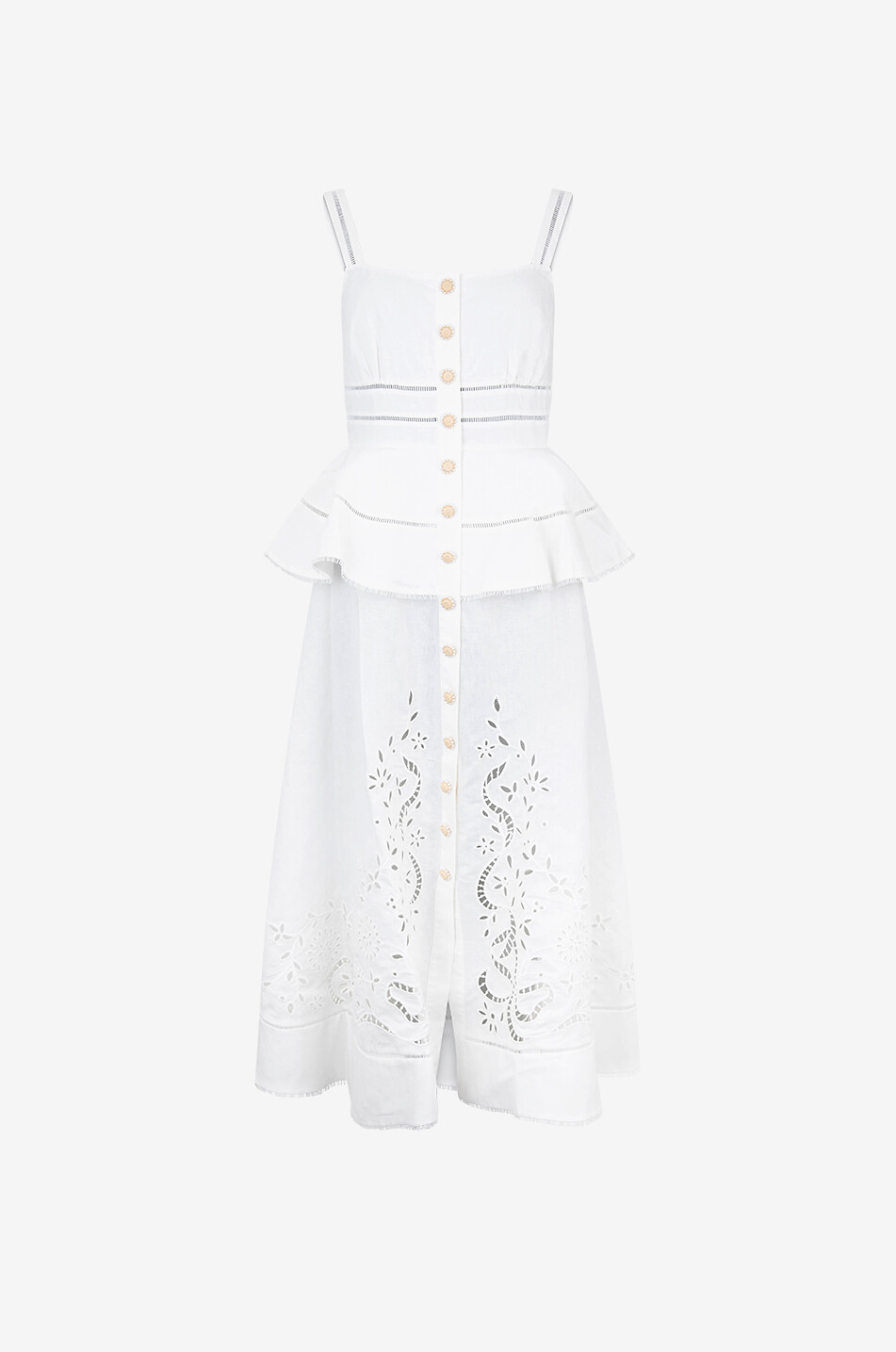Midi linen dress with peplum and openwork embroidery