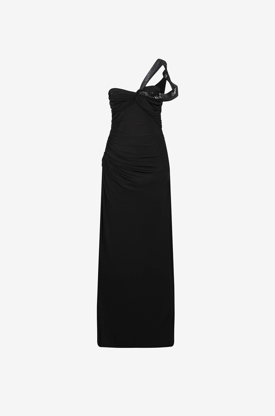 One Shoulder Twist Front jersey and sequin evening dress