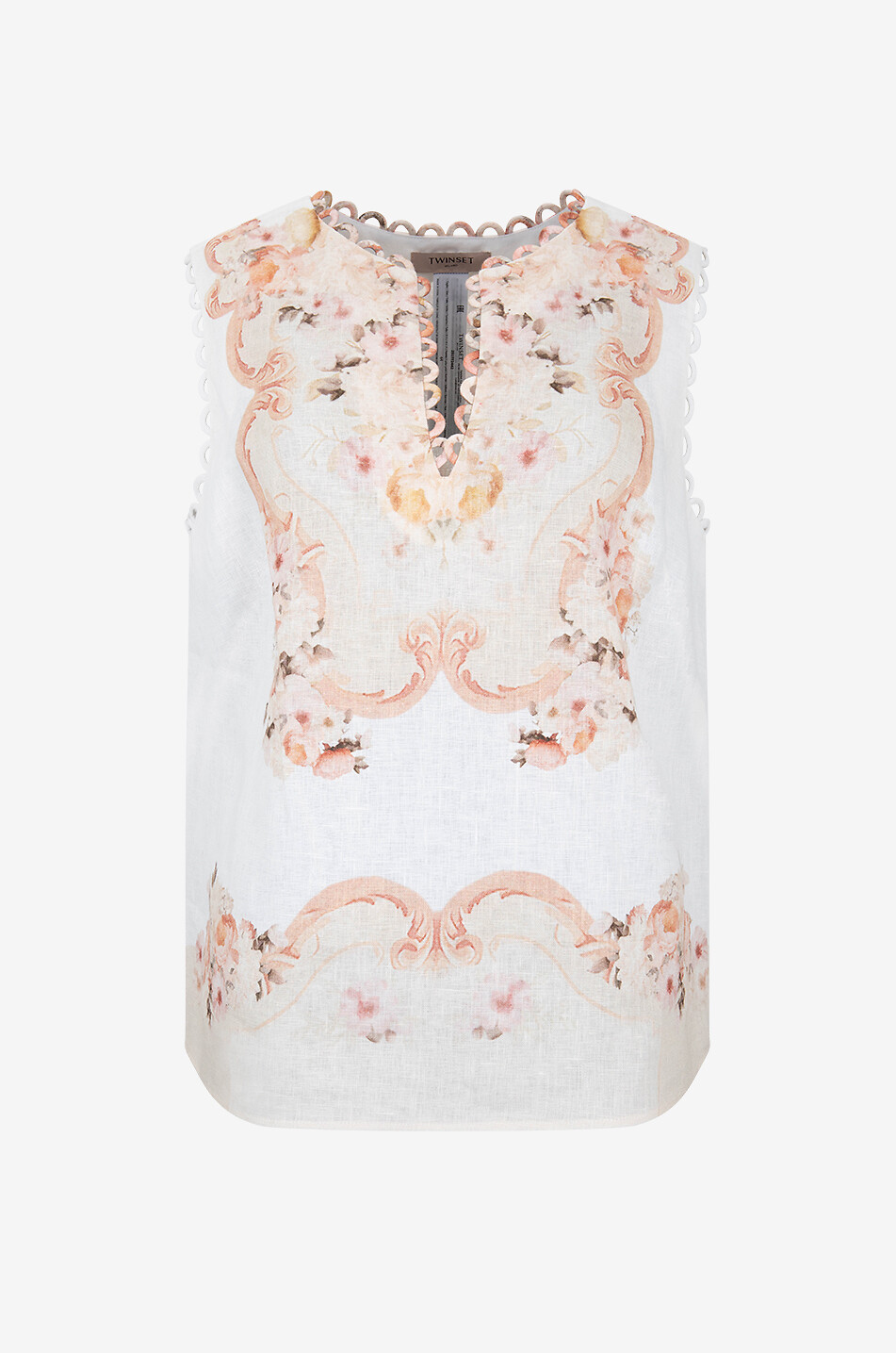 Baroque flower print linen sleeveless top