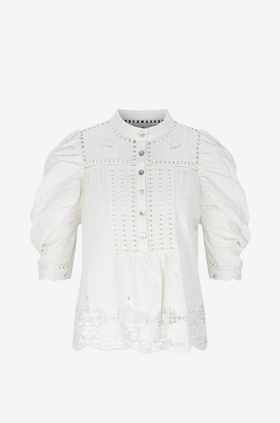 FARM RIO Chemise manches courtes en lin Romantic Richelieu Femme BLANC 1