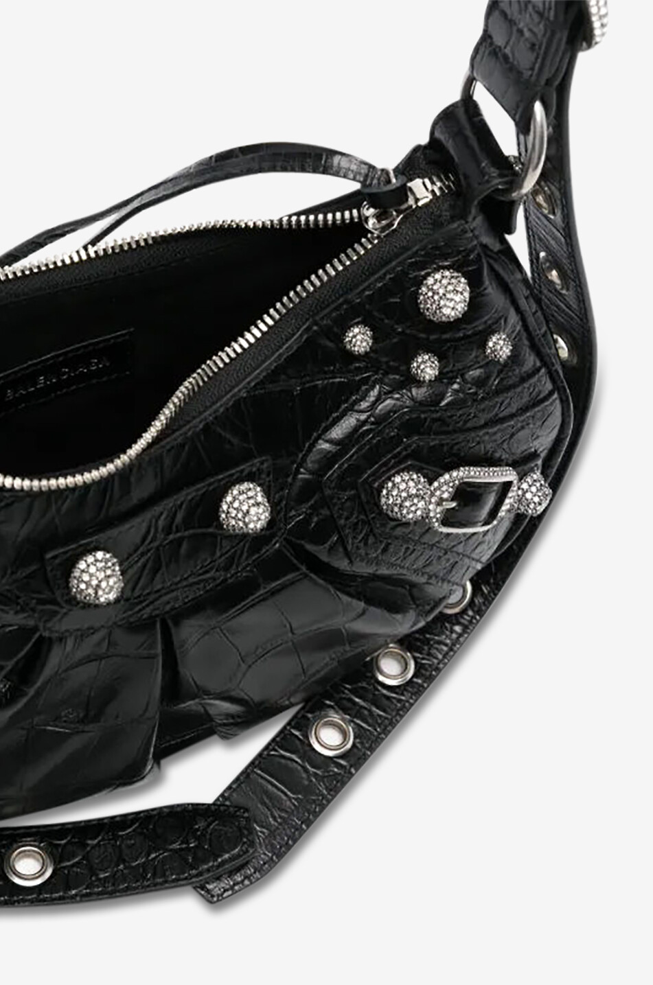 BALENCIAGA Schultertasche aus Leder in Kroko-Optik mit Kristallen Le Cagole XS Damen SCHWARZ 3