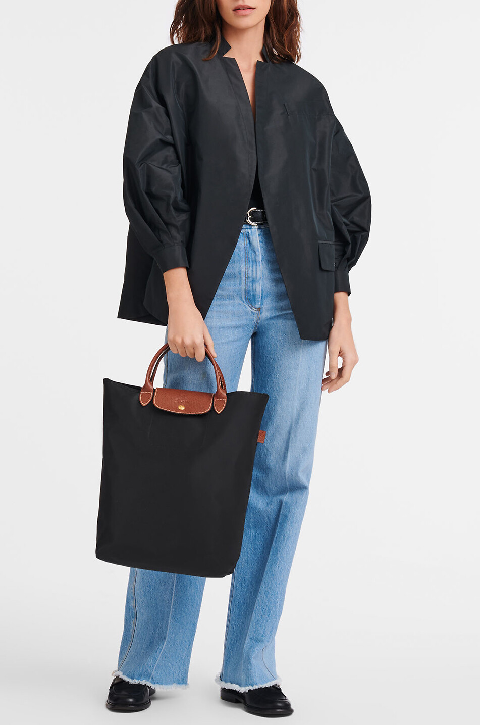 LONGCHAMP Le Pliage Original M canvas and leather tote bag Women BLACK 3