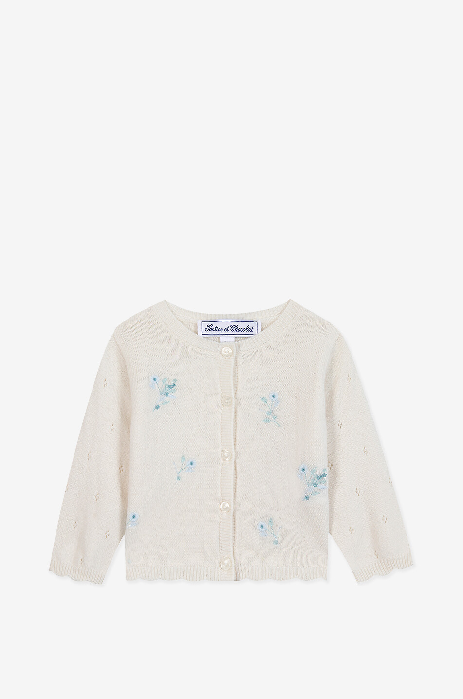 Cardigan für Babys mit Blütenstickereien